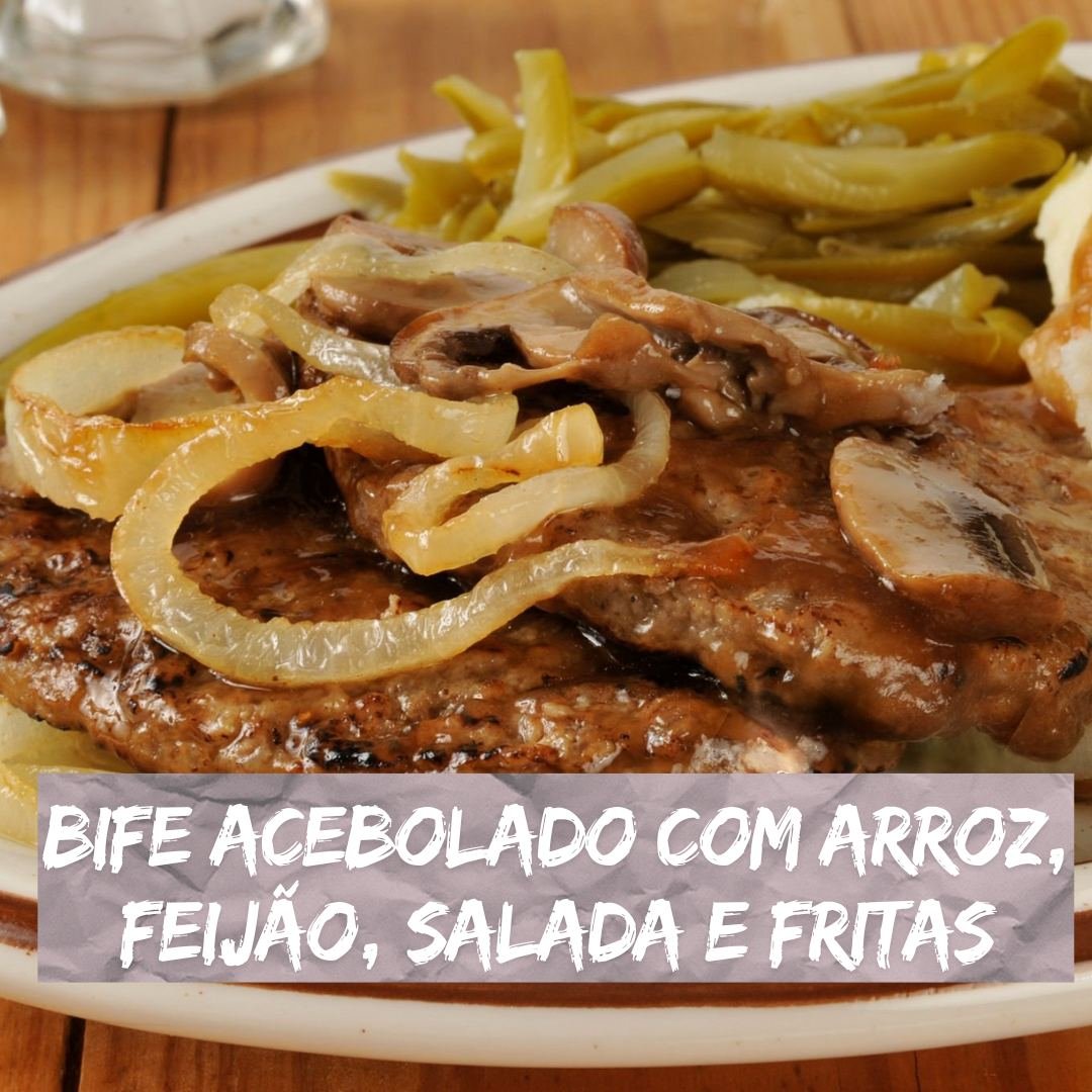 Almoço executivo de bife acebolado com arroz, feijão e fritas no Beer Rock Pub em Porto de Galinhas
