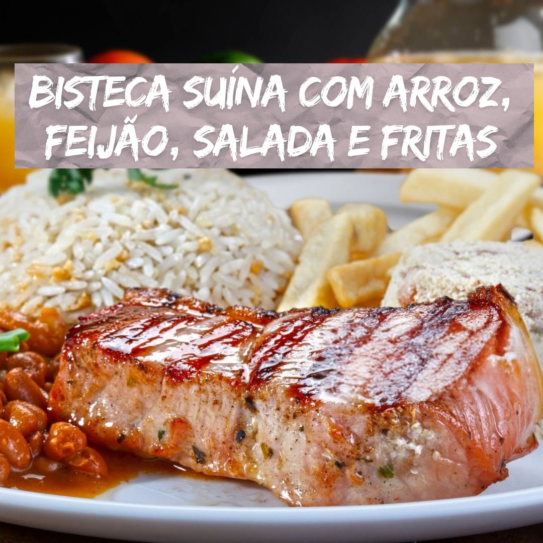 Almoço executivo de picanha suína com arroz, feijão, salada e fritas em Porto de Galinhas