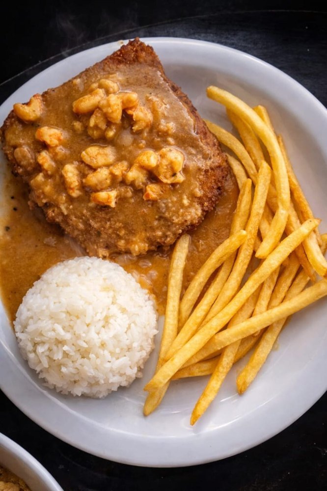 Filé empanado ao molho de camarão com arroz e fritas - Porto de Galinhas Beer Rock